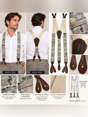Trafalgar Men’s Button Suspenders Braces Cream Blue Gray Novelty Pattern Leather